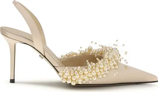 Beige Silk High Heel Pumps