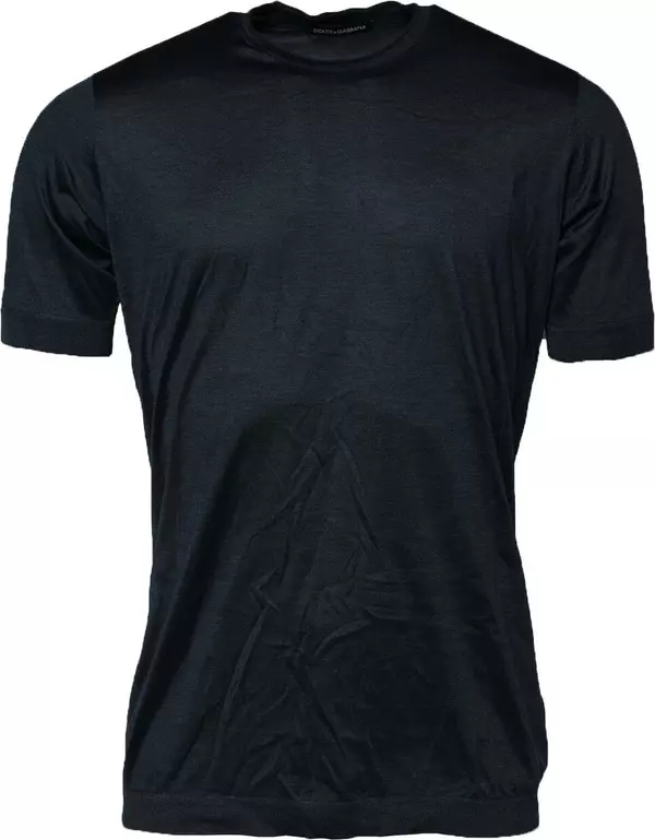 Dark Blue Silk Crew Neck Short Sleeve T-shirt