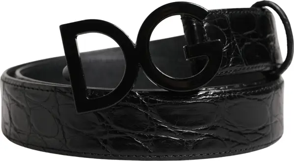 Men Black Exotic Leather Logo Buckle Belt