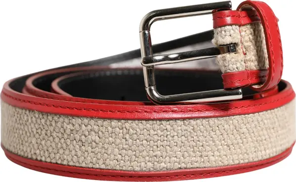 Men Beige Red Woven Leather Metal Buckle Belt