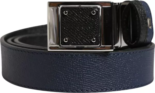 Men Blue Calfskin Leather Square Buckle Belt