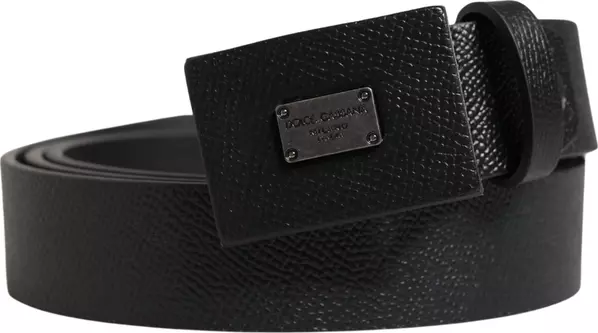Men Black Calfskin Leather Square Buckle Belt