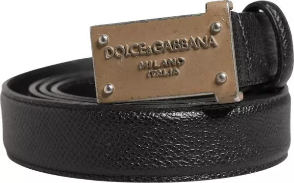 Men Black Calf Leather Logo Metal Buckle Belt