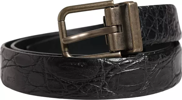 Men Black Exotic Leather Metal Buckle Belt