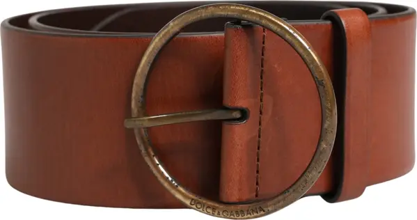 Men Brown Leather Wide Waist Metal Round Buckle Belt