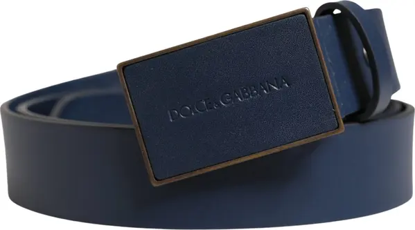 Men Blue Calf Leather Logo Metal Buckle Belt