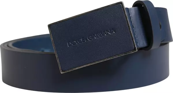 Men Blue Calf Leather Logo Metal Buckle Belt