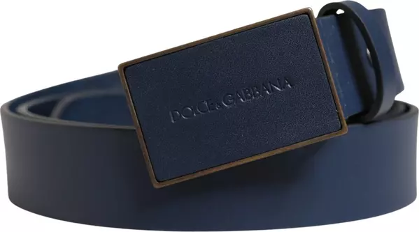 Men Blue Calf Leather Logo Metal Buckle Belt