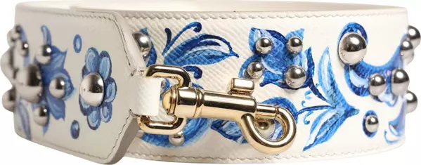 White Blue Floral Leather Stud Accessory Shoulder Strap
