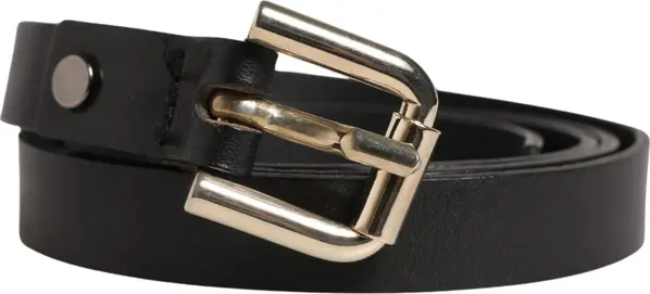 Black Leather Slim Gold Tone Buckle Waist Men Belt