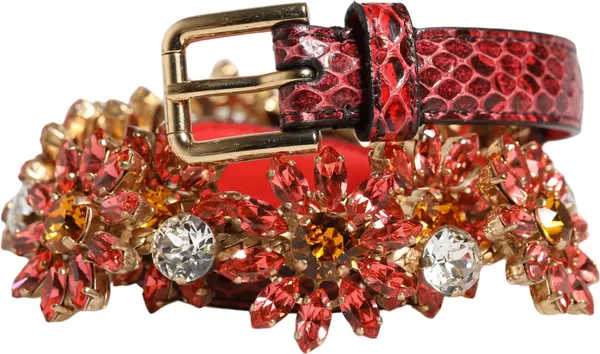 Red Leather Daisy Crystal Embellished Waist Belt
