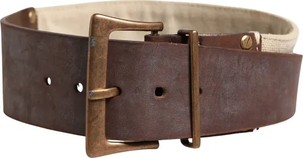 Beige Brown Leather Canvas Metal Buckle Belt
