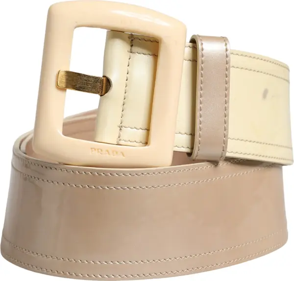 Beige Leather Logo Wide Waist Women Square Buckle Belt