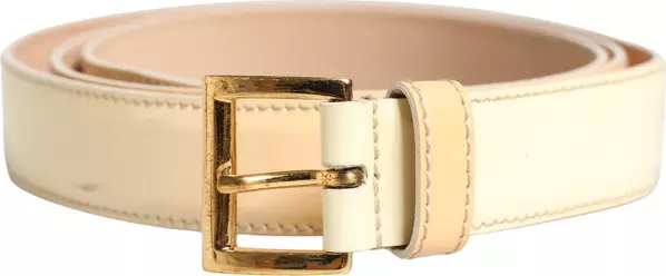 Beige Leather Logo Waist Women Gold Metal Buckle Belt
