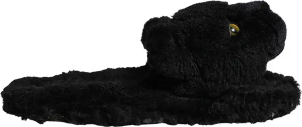 Black Faux Fur Panther Plush Flat Slides Shoes