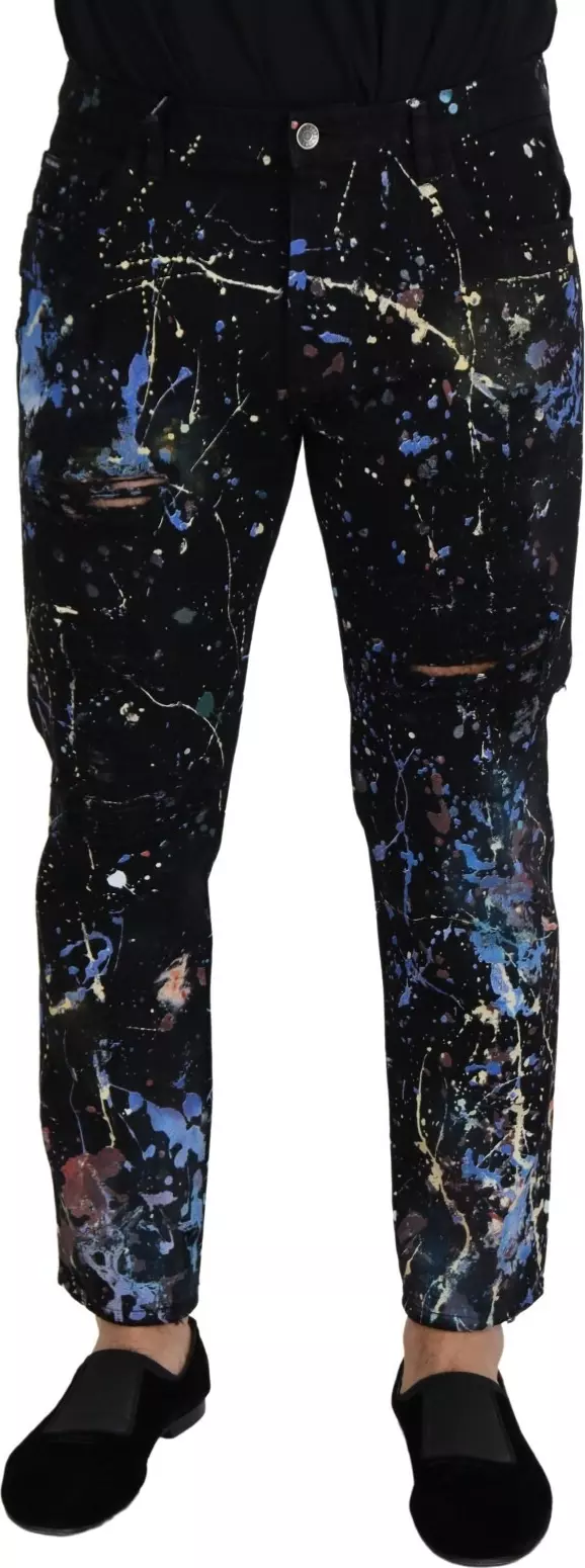 Black Cotton Color Splash Print Denim Jeans