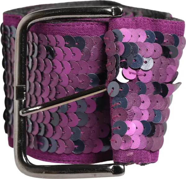 Women Purple Sequined Silver Metal Buckle Belt