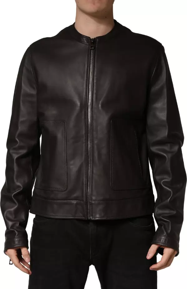 Black LambskinLeather Full Zip Biker Jacket