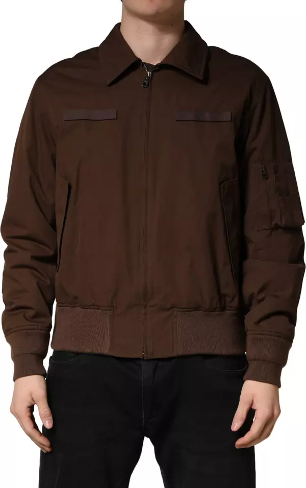 Brown Cotton Stretch Full Zip Bomber Jacket