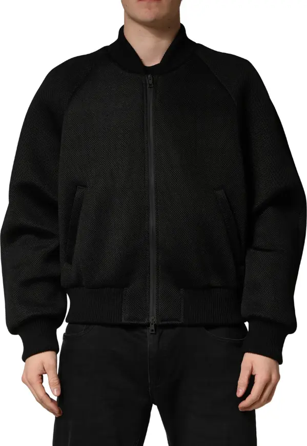Men Black Nylon Full Zip Bomber Jacket