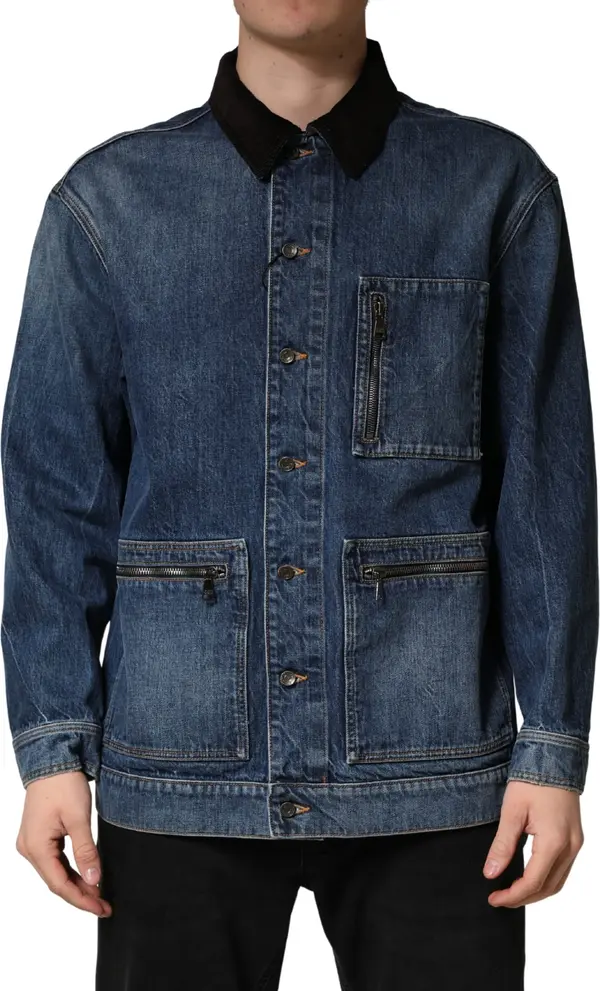 Black Blue Cotton Denim Blouson Men Jacket