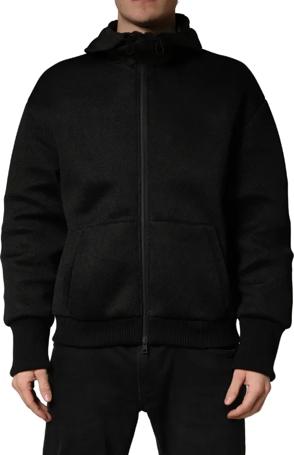 Men Black Hooded Full Zip Bomber Jacket