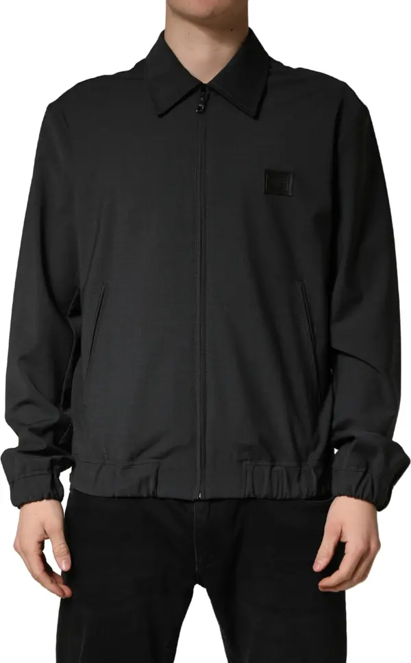 Black Wool Logo Full Zip Men Bomber Jacket
