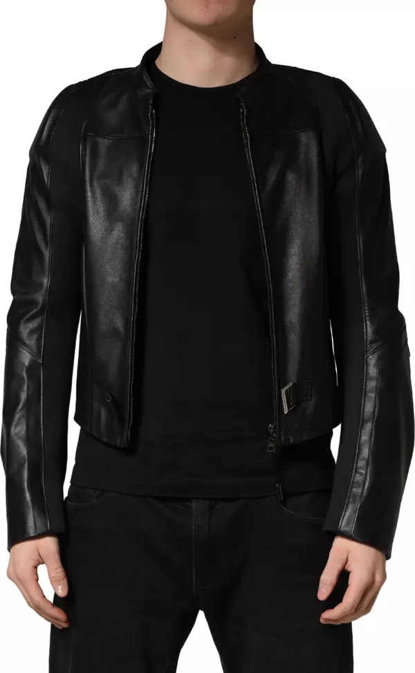 Black Nylon Full Zip Men Biker Coat Jacket