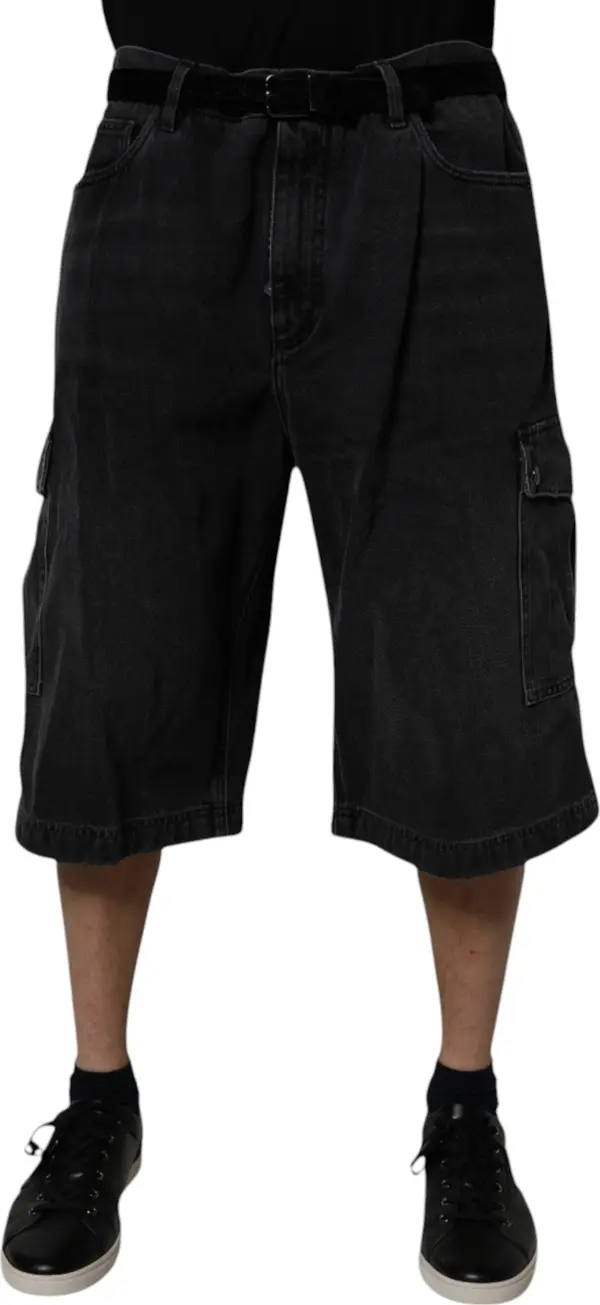 Black Mid Waist Denim Cargo Bermuda Shorts