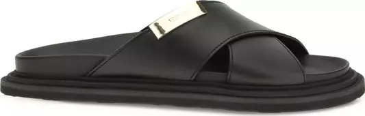 Black Calf Leather Bos Taurus Flat Sandals