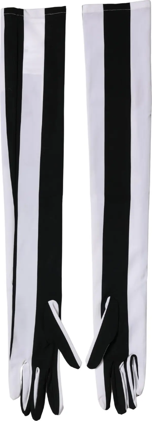 Black White Stripes Nylon Elbow Length Women Gloves