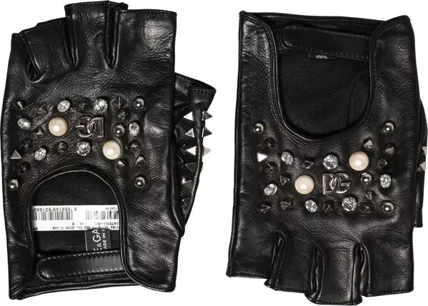 Black Embellished Wrist Length Mitten Women Gloves