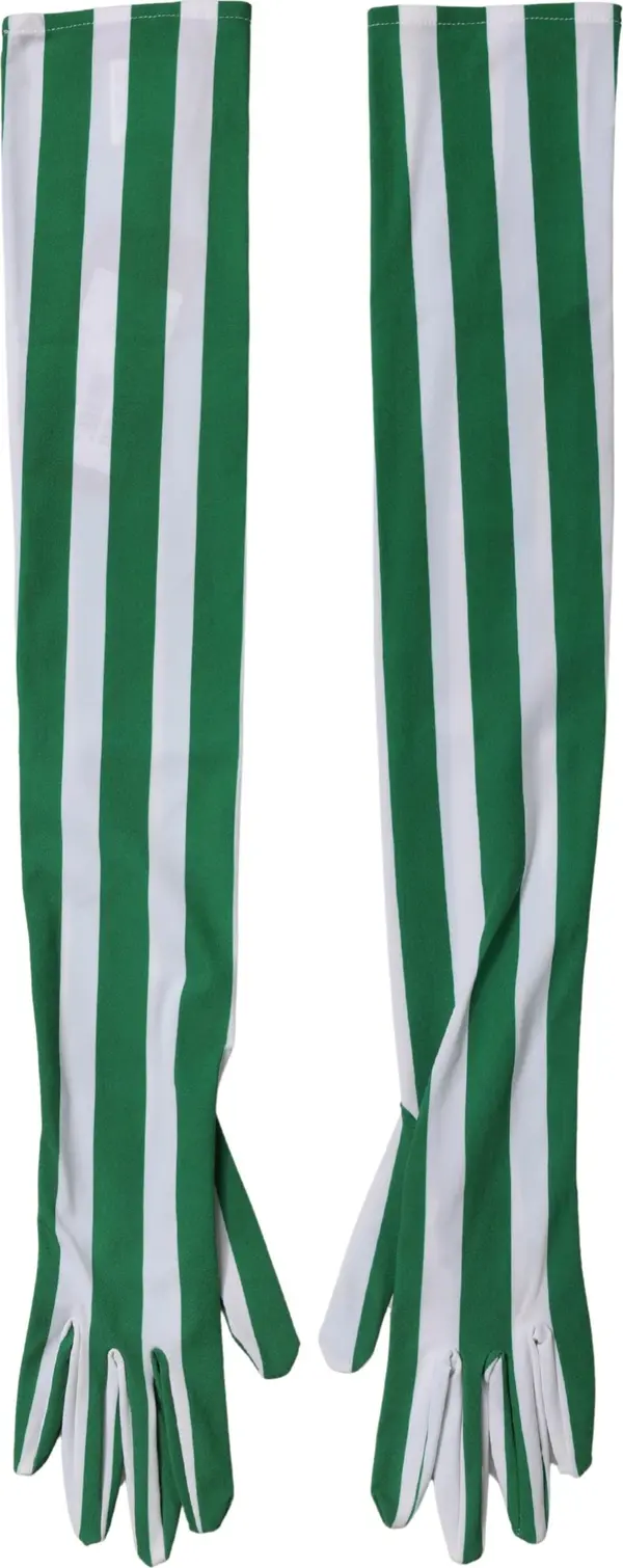 Green White Stripes Nylon Elbow Length Women Gloves