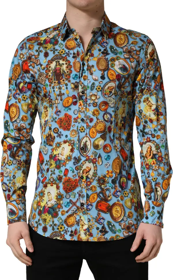Blue Cotton Jewel Print Button Down GOLD Shirt