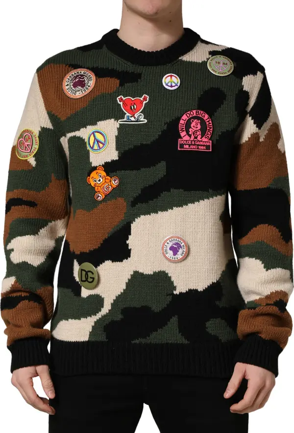 Multicolor Intarsia-Knit Camouflage Pullover Sweater
