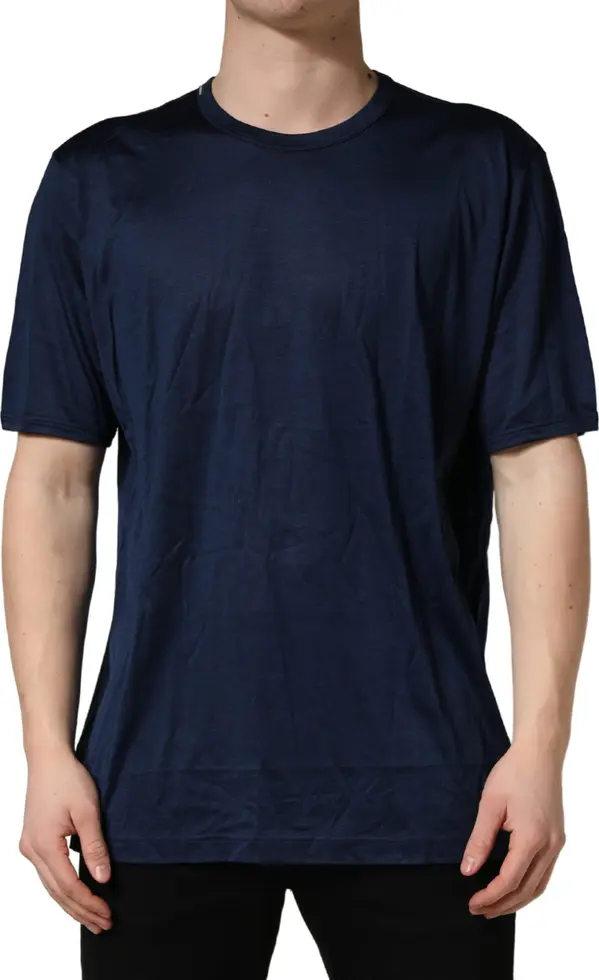 Dark Blue Silk Short Sleeve CrewNeck T-shirt