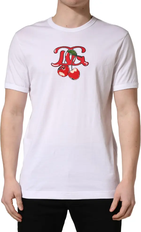 White DG Cherries Cotton Crew Neck T-shirt