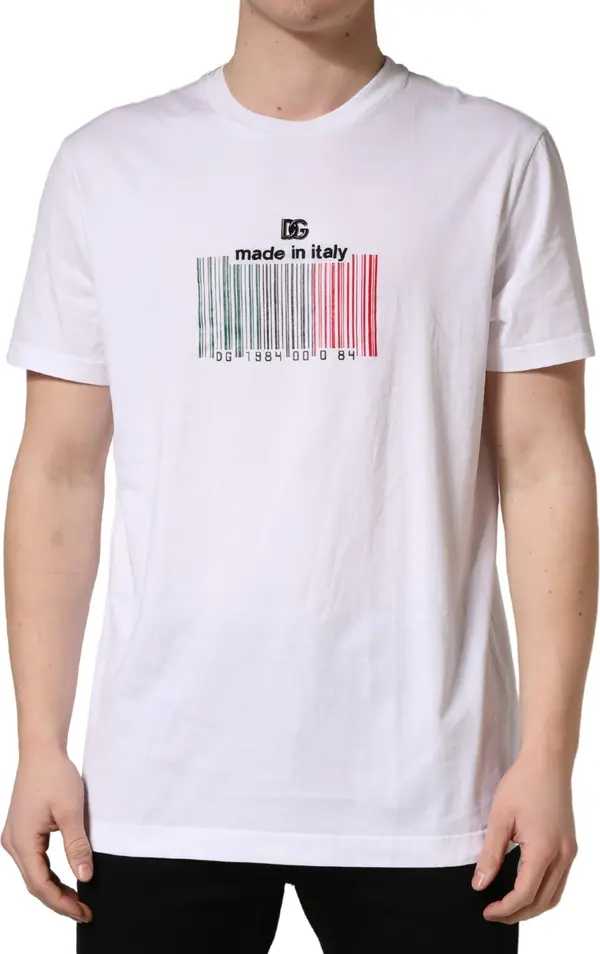 White Barcode Cotton Crew Neck Men T-shirt
