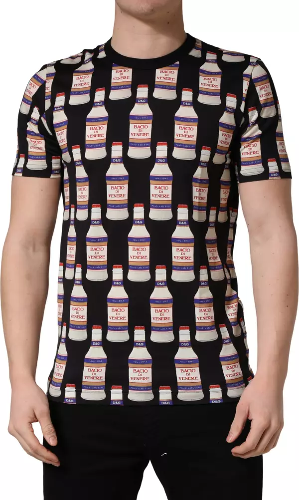 Black Bottle Print Cotton Crew Neck T-shirt