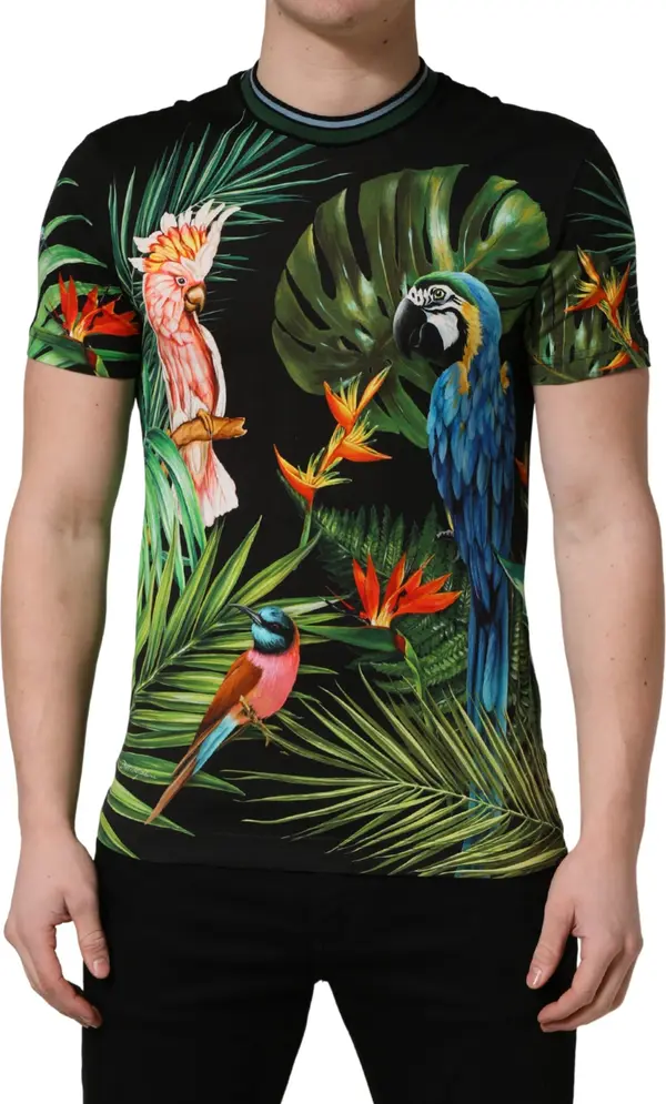 Black Bird Print Cotton Men Crew Neck T-shirt