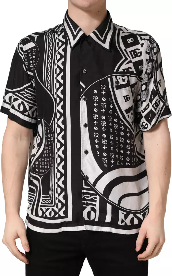 Black White Bandana Print Collared Shirt