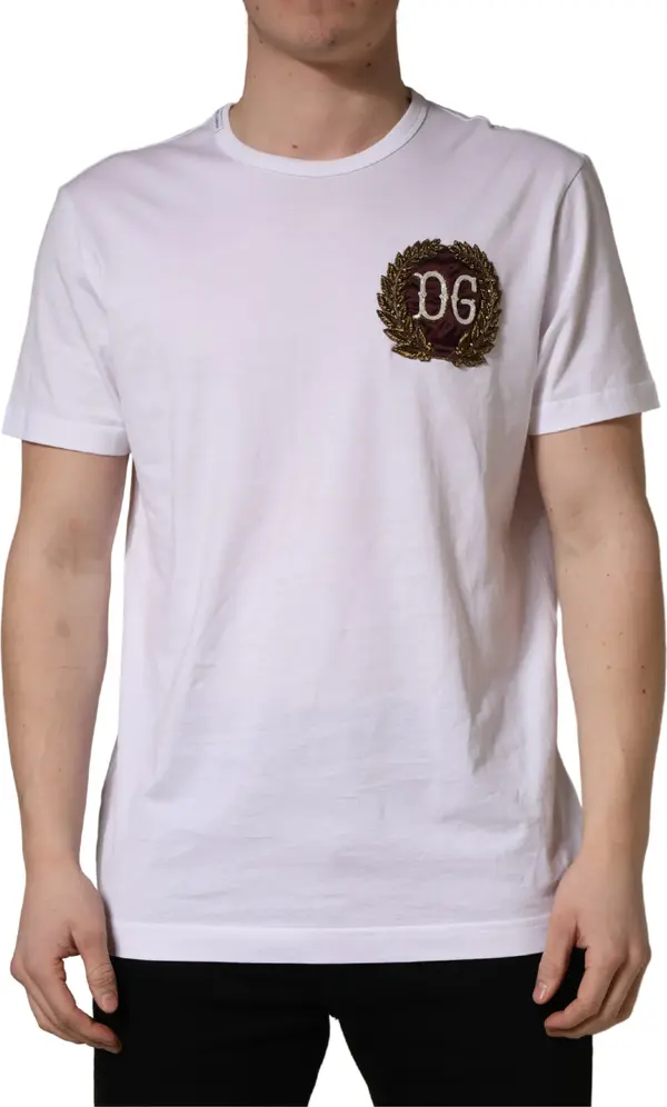 White DG Leaf Embroidery Crew Neck T-shirt