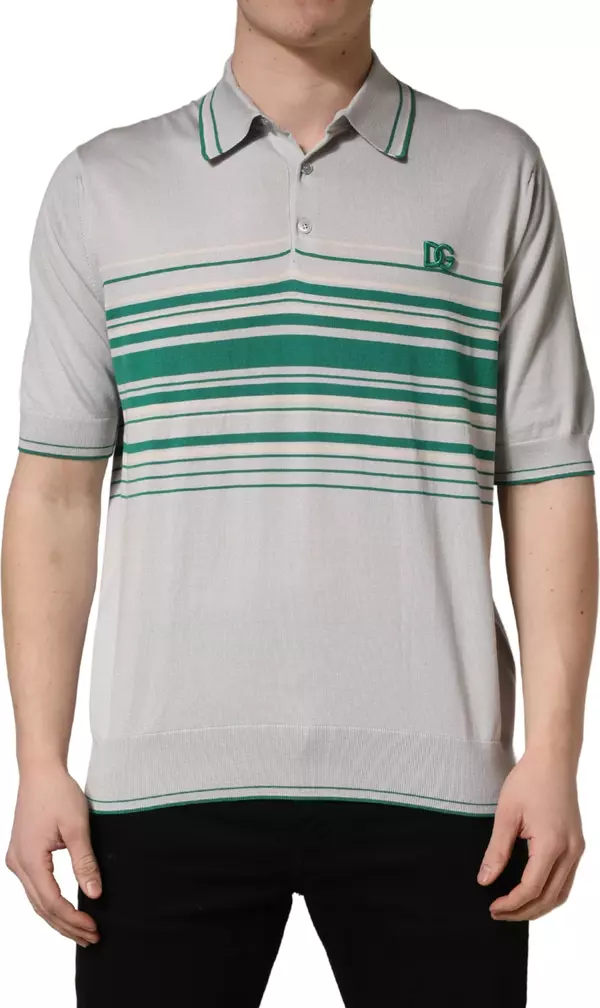 Gray Green Striped Logo Silk Polo T-shirt