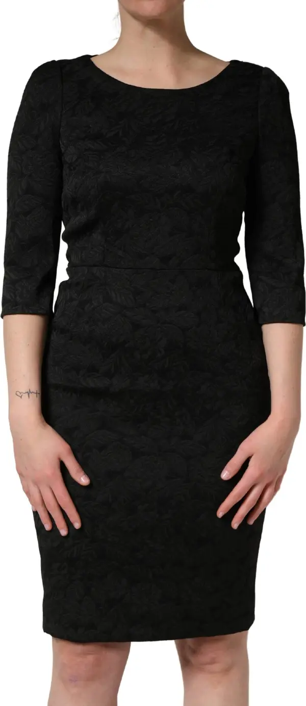 Black Floral Brocade Sheath Knee Length Dress