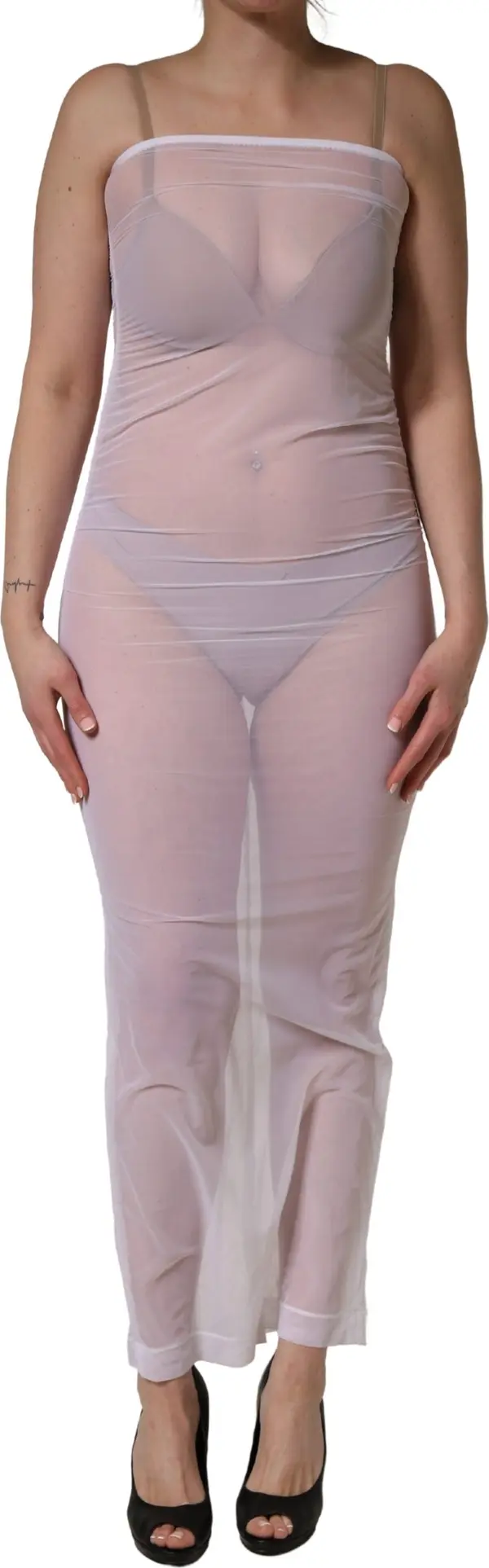 White Sheer Nylon Stretch Sheath Maxi Dress