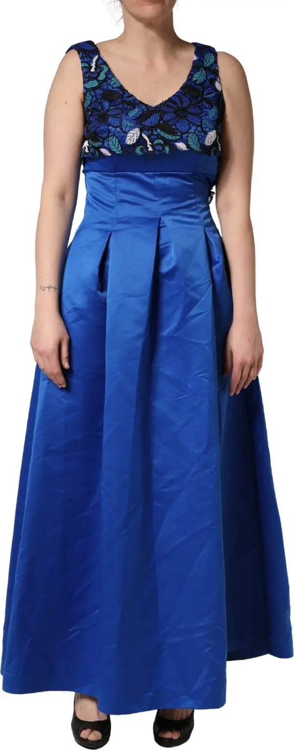 Royal Blue Floral Lace Sleeveless Long Gown Dress