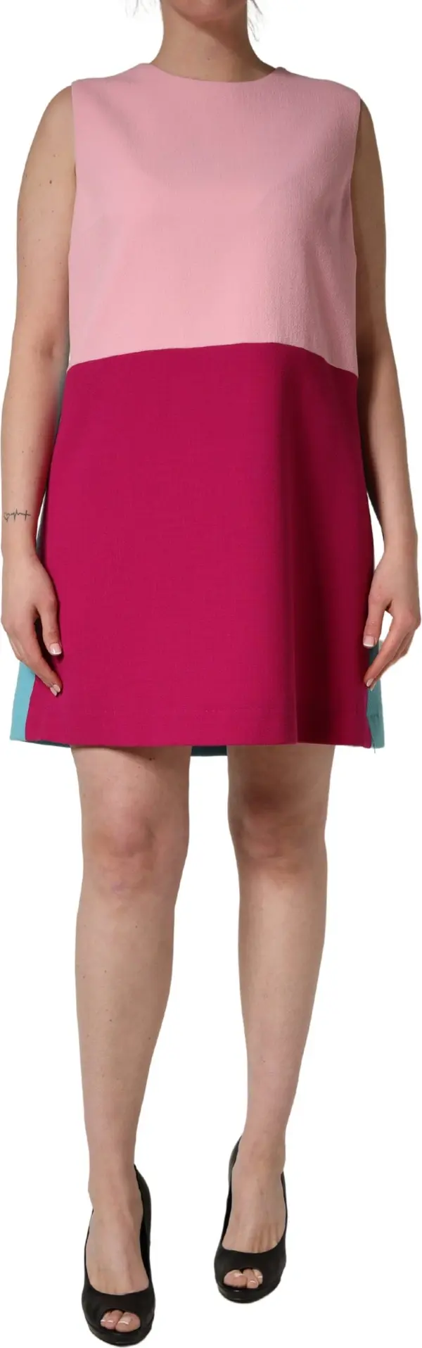 Pink Blue Wool Sleeveless Shift Mini  Dress