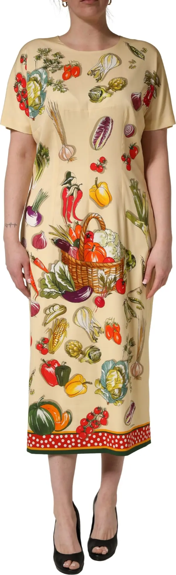 Beige Fruit PolkaDot Sheath Silk Midi Dress