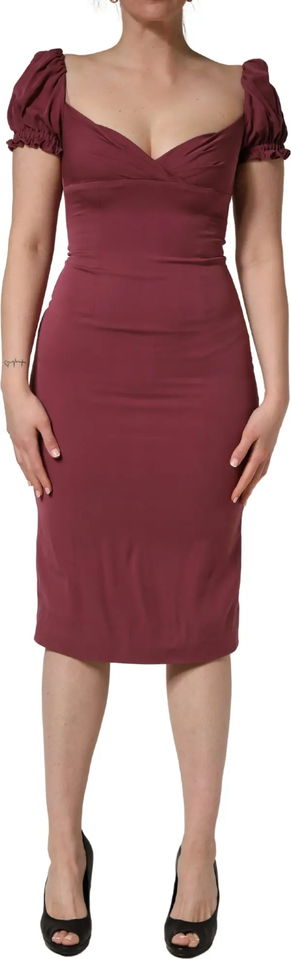 Maroon Silk Sweetheart Sheath Midi Dress