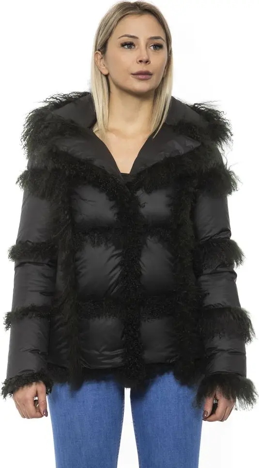 Black Poly Jacket with Lamb Fur Hood for Women